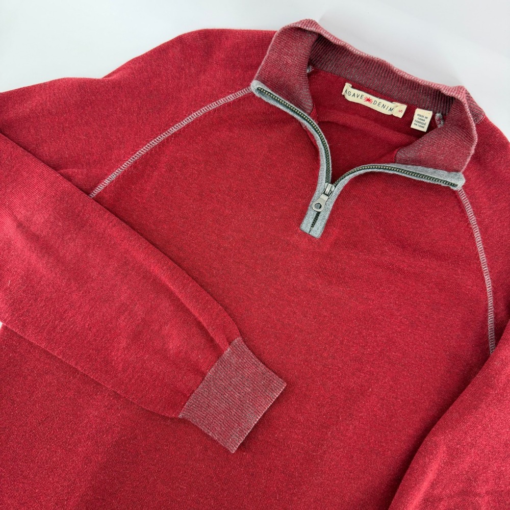 Agave Denim Quarter Zip Sweater Mens Small Red Lundy 100% Cotton Raglan Pullover